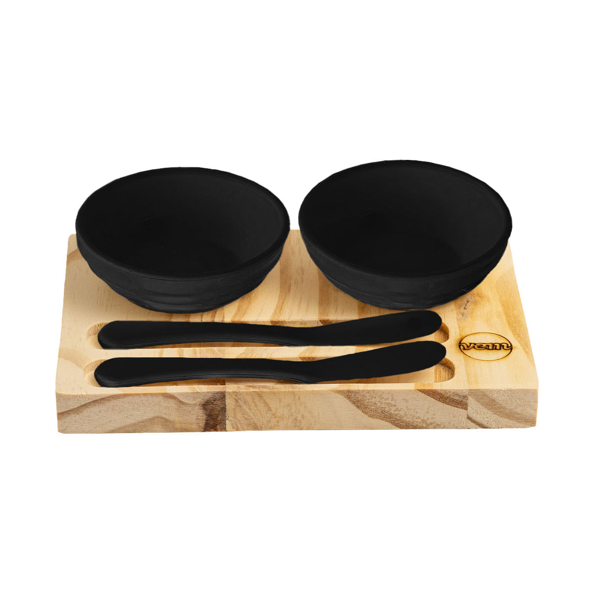Conjunto Patezeira Wooden Glow 18x12cm em Madeira Pinus com 2 Molheiras e Espátulas Pretas