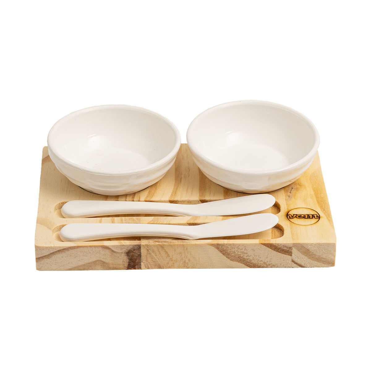 Conjunto Patezeira Wooden Glow 18x12cm em Madeira Pinus com 2 Molheiras e Espátulas Brancas