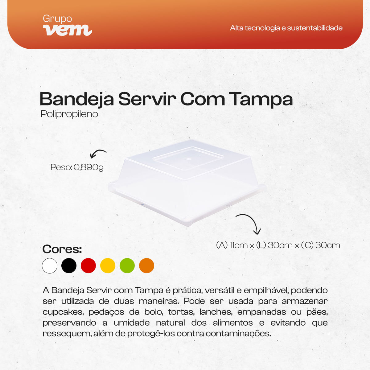 Bandeja Servir Quadrada Com Tampa 30x30 Laranja em Polipropileno - Imagem 4
