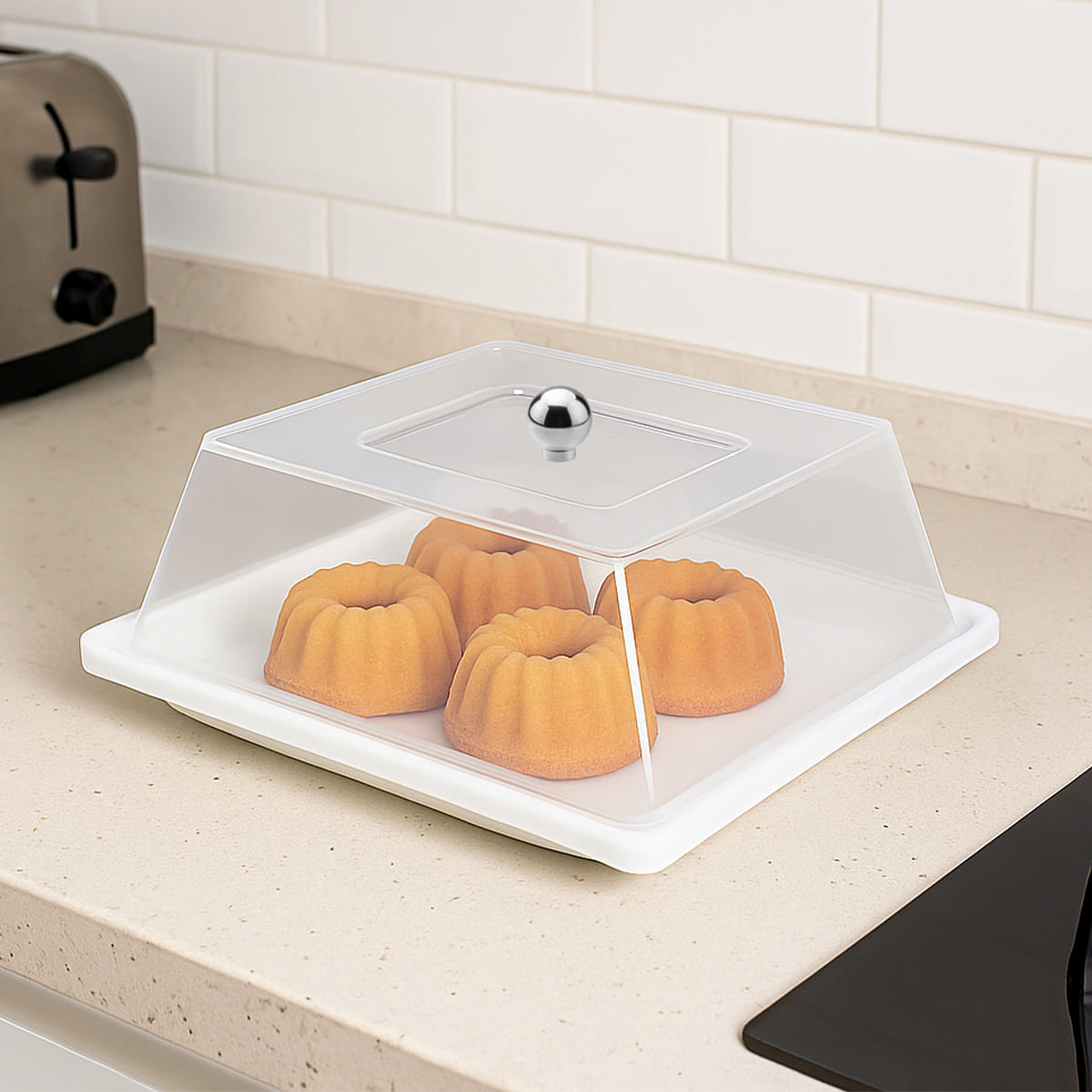 Bandeja Servir Quadrada Com Tampa 30x30 Branca em Polipropileno - Imagem 2