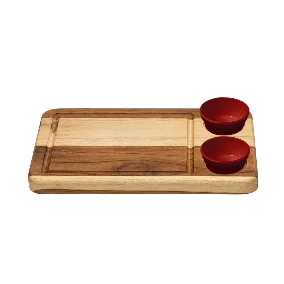 Tábua Retangular com 2 Ramequins Vermelhos 30x19cm em Madeira Teca - Linha Wooden Glow VEM
