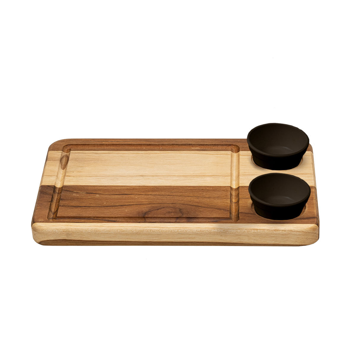 Tábua Retangular com 2 Ramequins Pretos 30x19cm em Madeira Teca - Linha Wooden Glow VEM