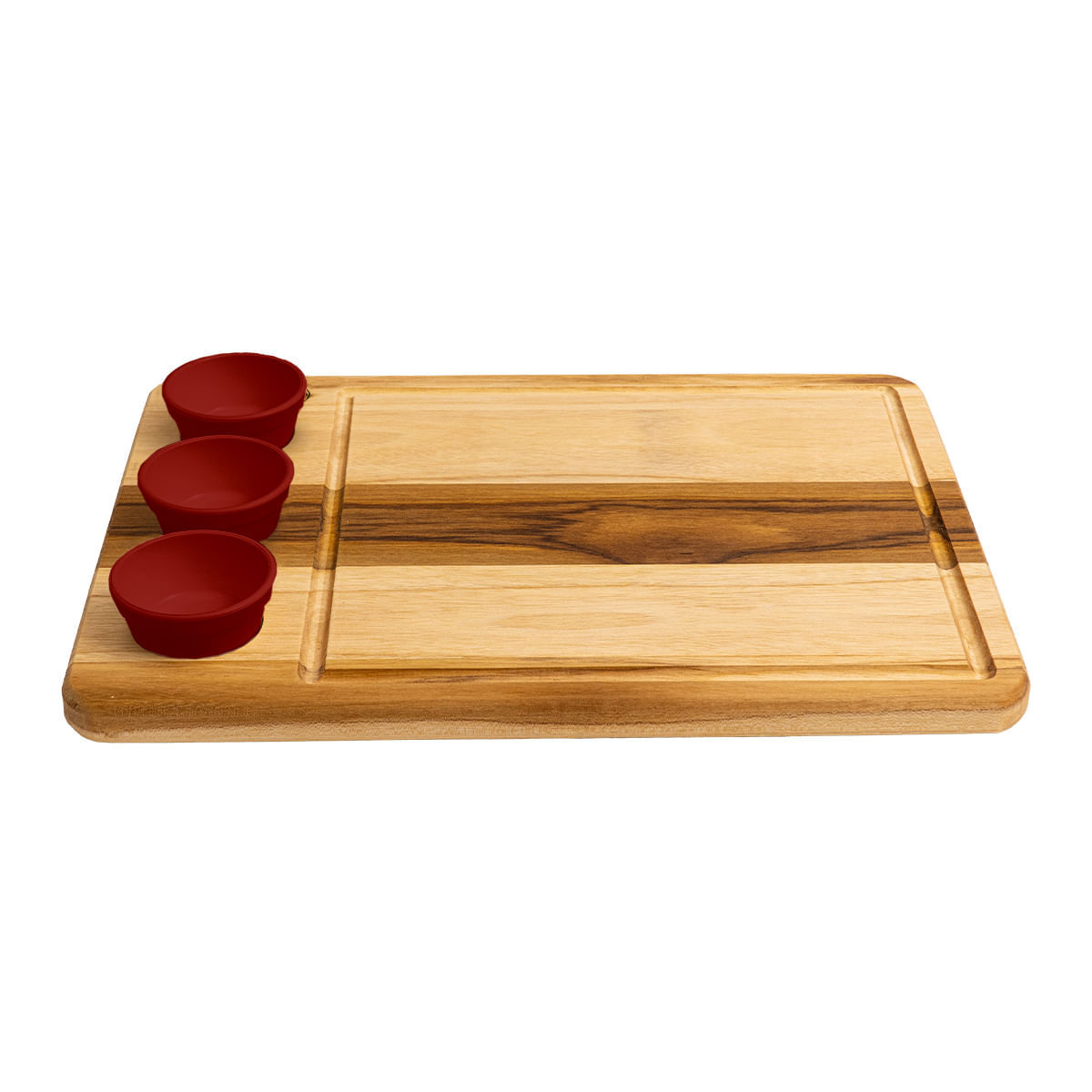 Tábua Retangular com 3 Ramequins Vermelhos 40x29cm em Madeira Teca - Linha Wooden Glow VEM