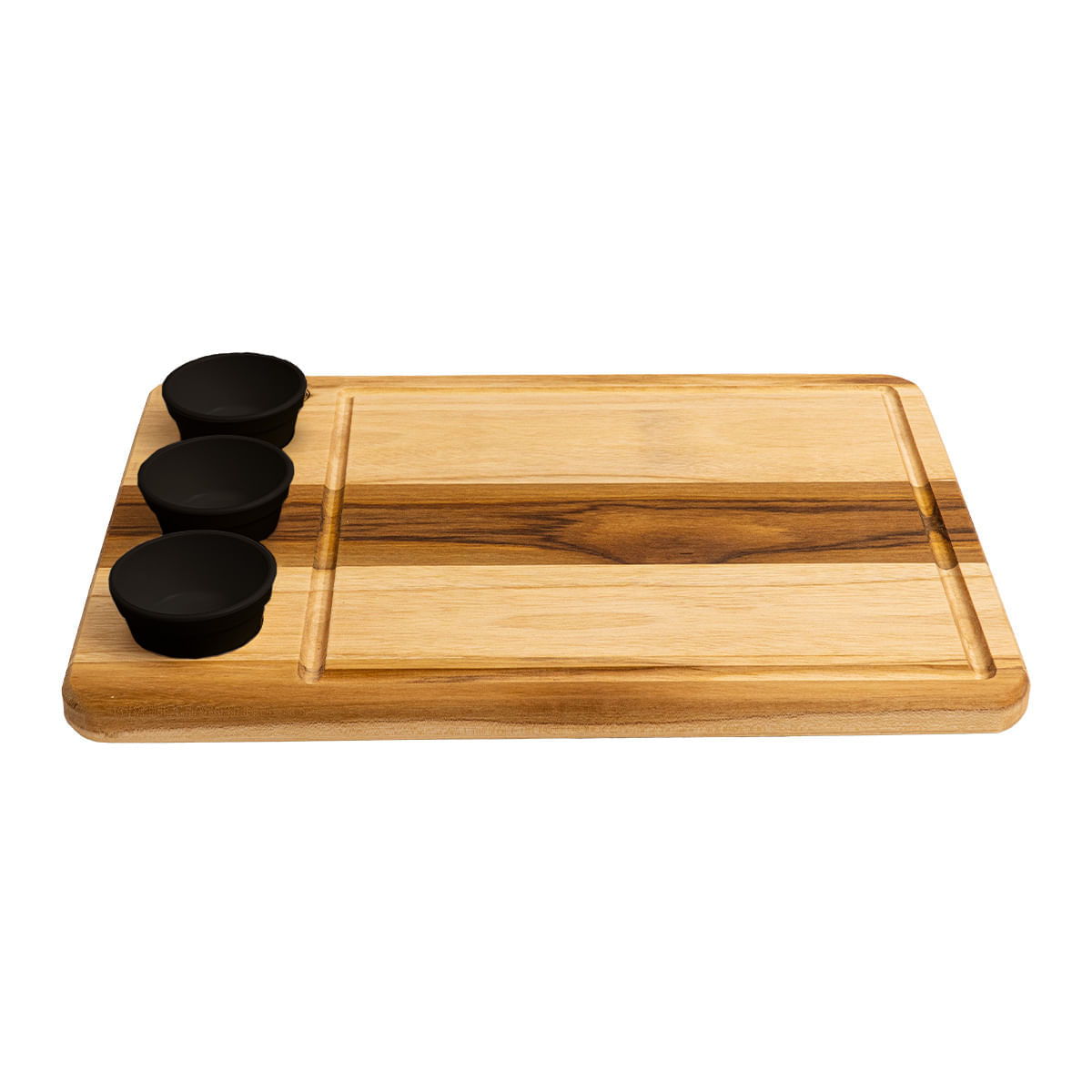 Tábua Retangular Wooden Glow 40x29cm em Madeira Teca com 3 Ramequins Pretos