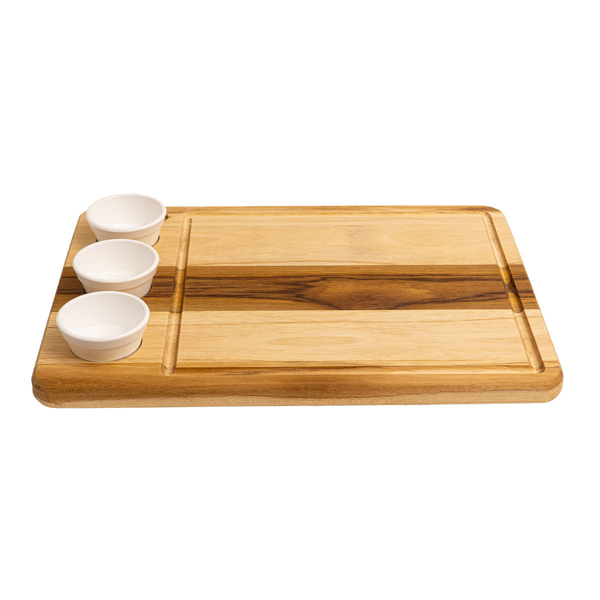 Tábua Retangular Wooden Glow 40x29cm em Madeira Teca com 3 Ramequins Brancos