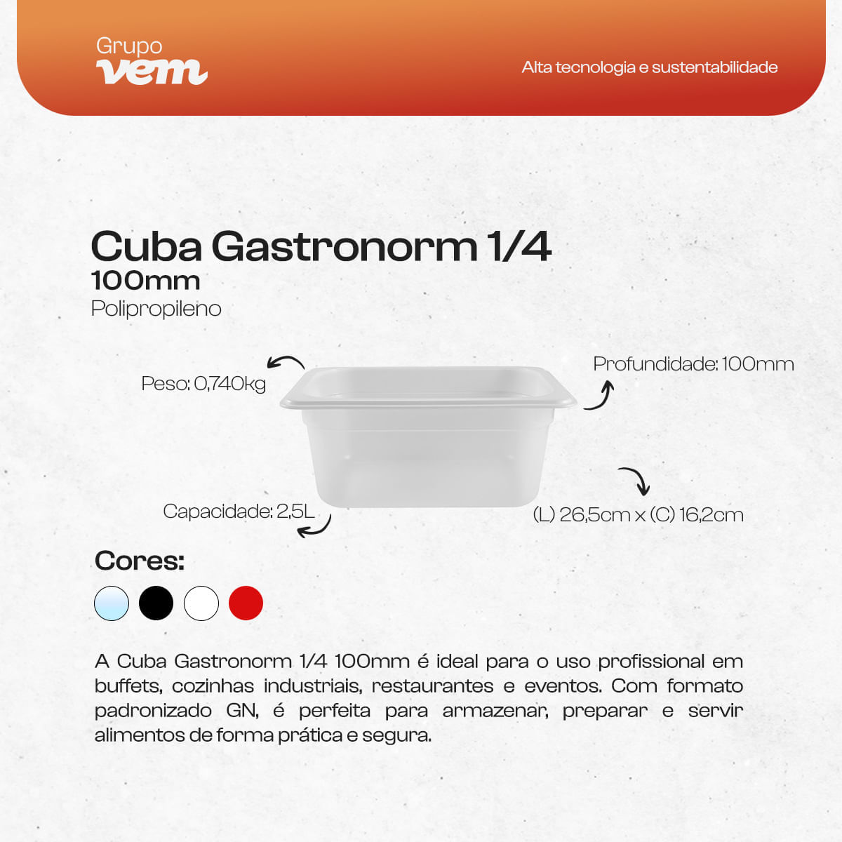 Cuba Gastronorm 1/4 100mm Preta em Polipropileno - Imagem 6